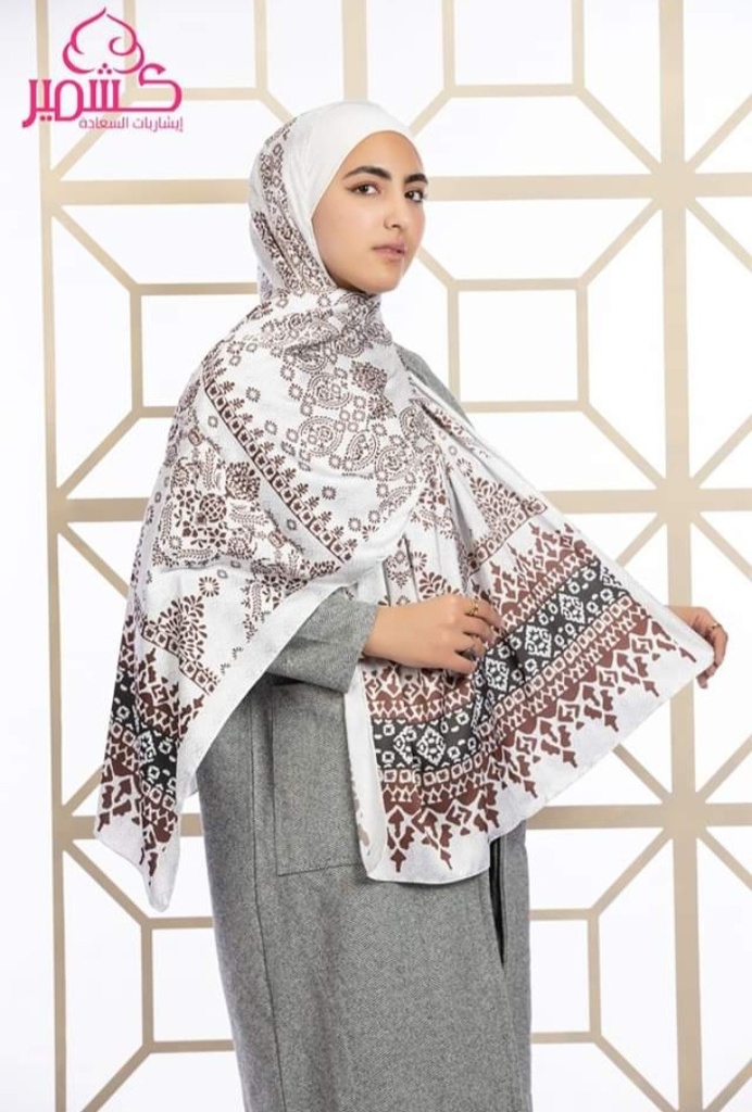 Turkish satin scarf printed in light gray and brown colors