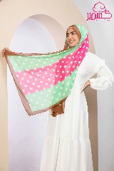 Striped scarf in fuchsia and green, filled with white dots, with brown borders