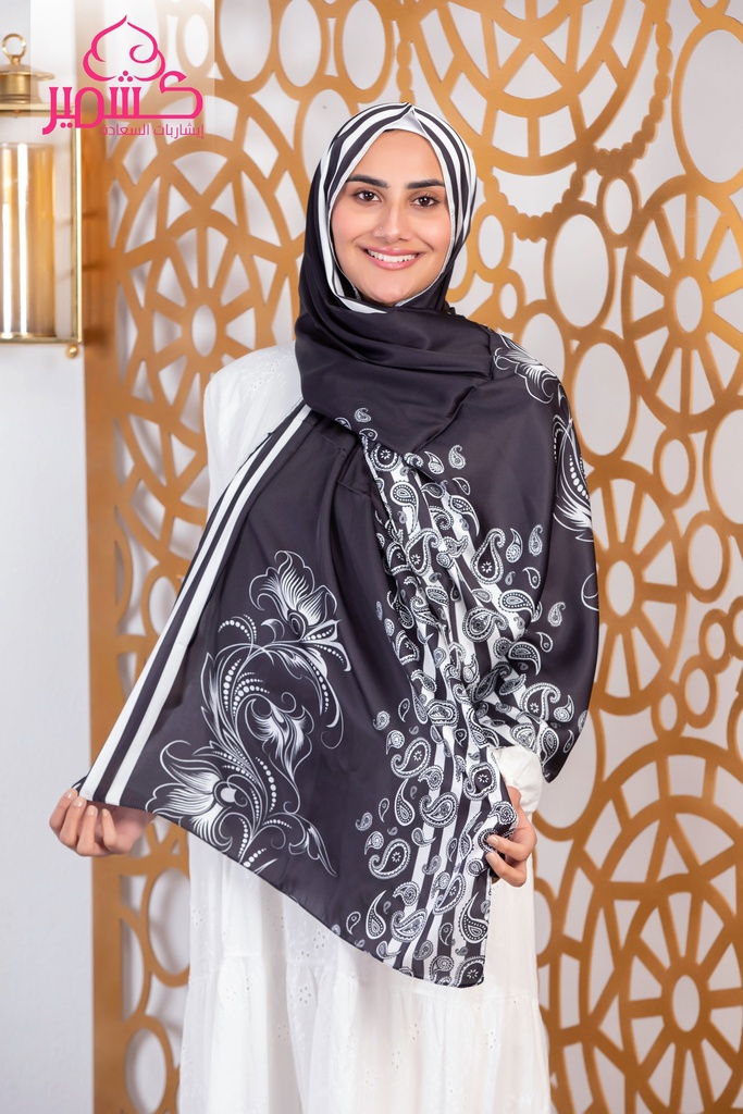  Satin scarf with a black background and white illustrations