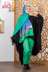 Satin scarf in green and blue colors with white and black stripes.