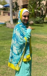 Patterned scarf in turquoise with yellow borders