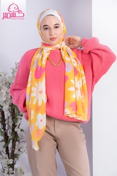 Scarf with white and fuchsia flower illustrations on orange background