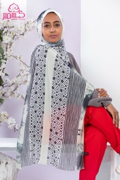 Striped scarf in black, light apple green, gray, and off-white colors