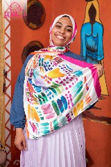  Satin scarf printed with multiple colors, with fuchsia and orange borders