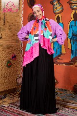 Satin scarf printed with fuchsia, orange, and turquoise colors