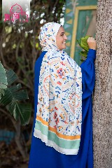 Satin scarf printed with orange and blue colors on a white background