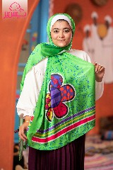  Green satin scarf with a colorful flower drawn on it