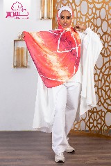 Satin marble scarf in red, with orange and white line 