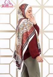 Turkish satin scarf in shades of brick red and orange, with an off-white background