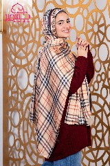 Satin scarf with beige, black, red, and white checkered pattern