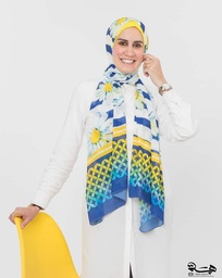 Scarf with a sunflower pattern in yellow ,blue and white