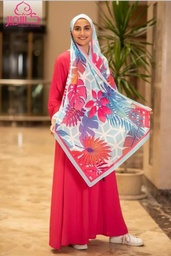 Scarf with pink and orange tree leaves on aqua and white background